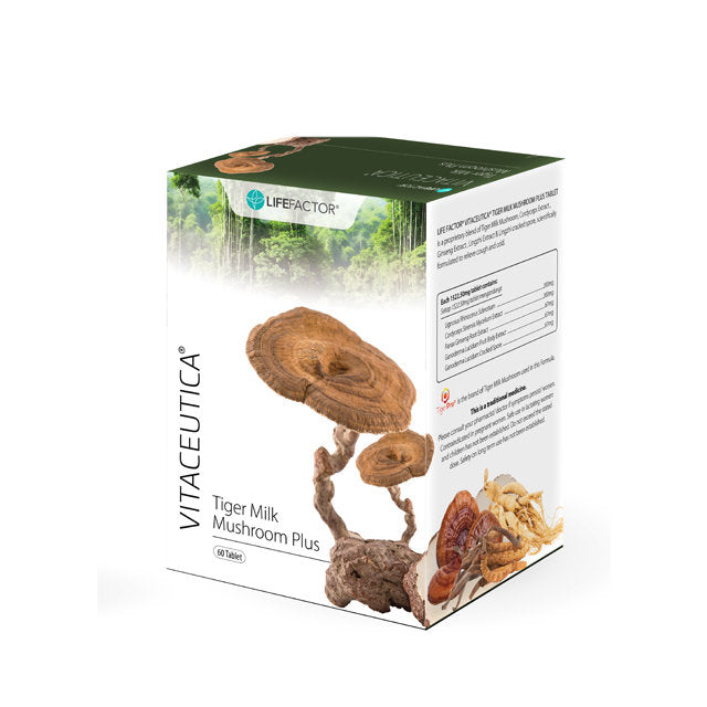 LIFE FACTOR Tiger Milk Mushroom supplement box featuring the natural mushroom source and supplement details