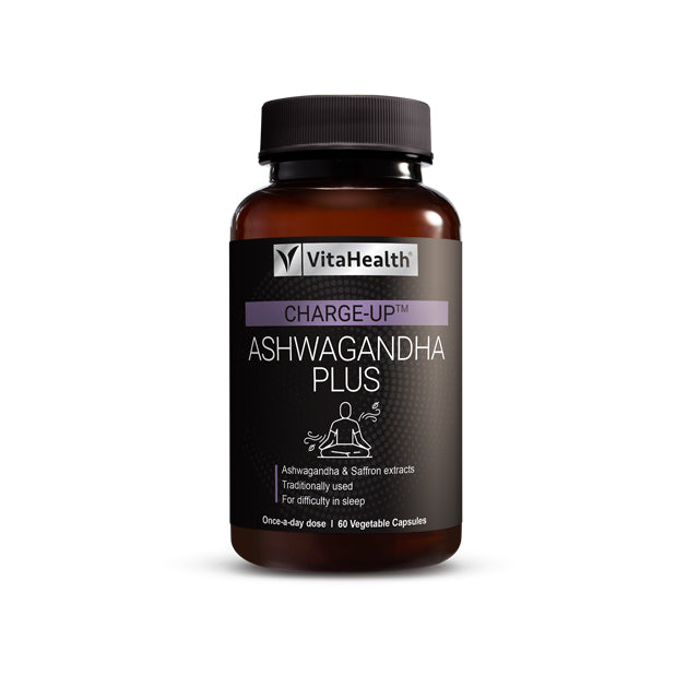 VitaHealth Charge-Up Ashwagandha Plus supplement bottle with 60 vegetable capsules for restful sleep in Malaysia