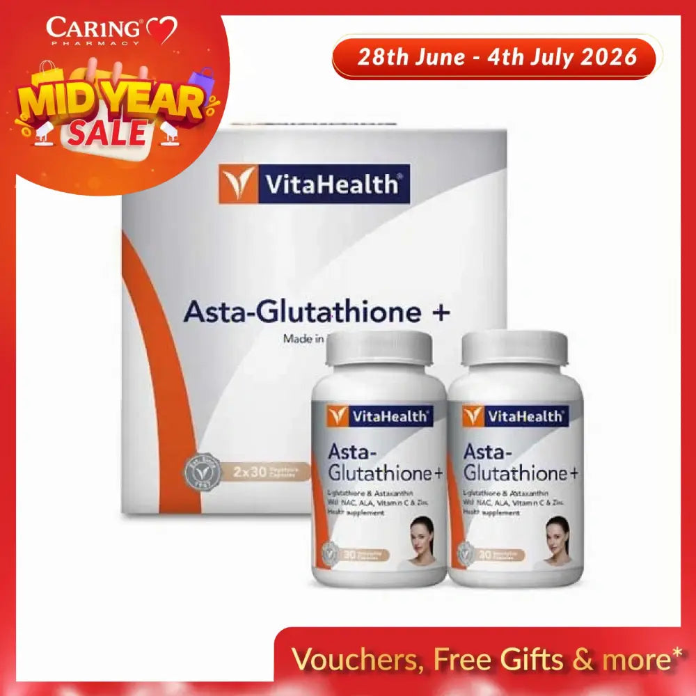 VitaHealth Asta Glutathione Plus supplement with two bottles and packaging for skin health