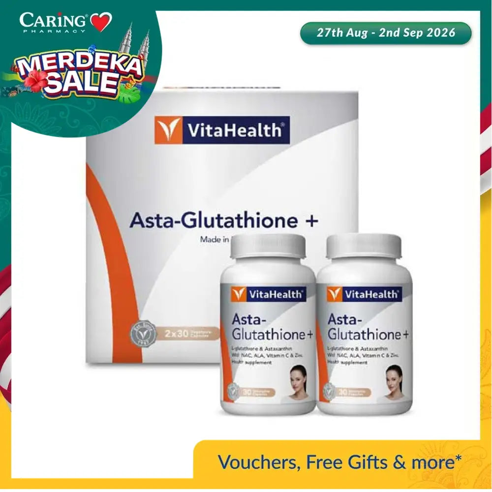 VitaHealth Asta Glutathione Plus supplement with two bottles and packaging for skin health