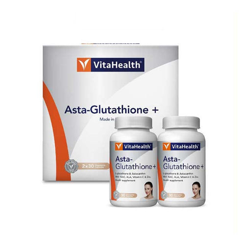 VitaHealth Asta Glutathione Plus supplement with two bottles and packaging for skin health
