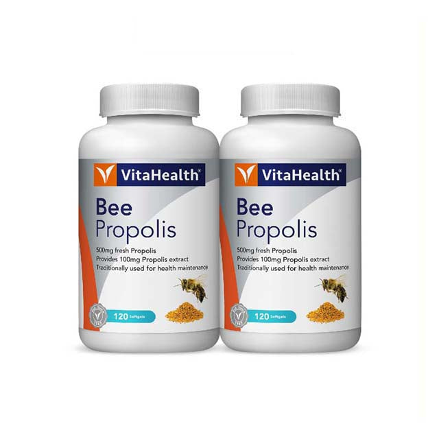 VitaHealth Bee Propolis supplement bottles with 120 softgels for health maintenance