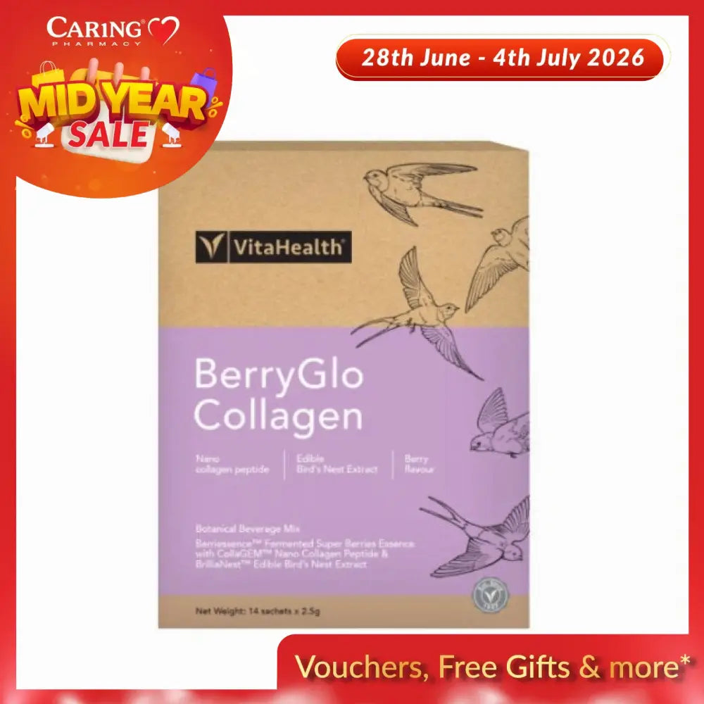 VitaHealth BerryGlo Collagen supplement box featuring 14 berry-flavored sachets with collagen peptides