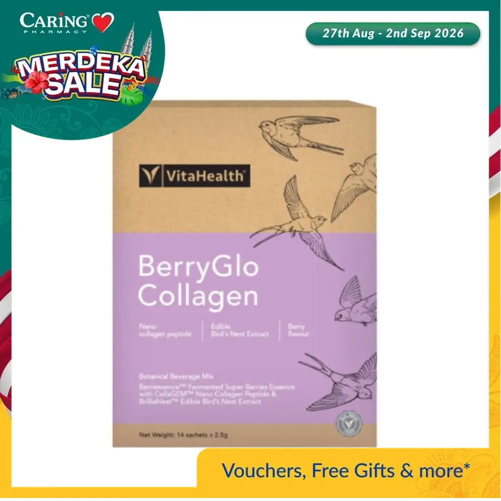 VitaHealth BerryGlo Collagen supplement box featuring 14 berry-flavored sachets with collagen peptides