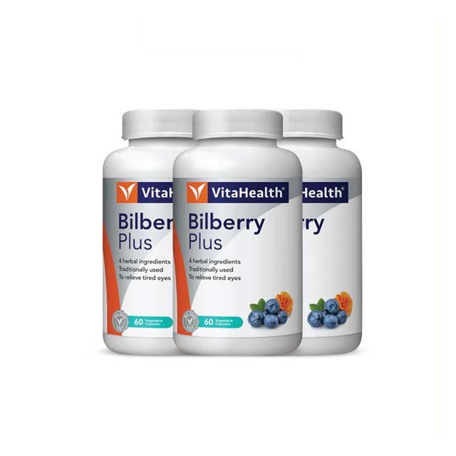 VitaHealth Bilberry Plus Eye Supplement Bottles with Herbal Ingredients for Tired Eyes