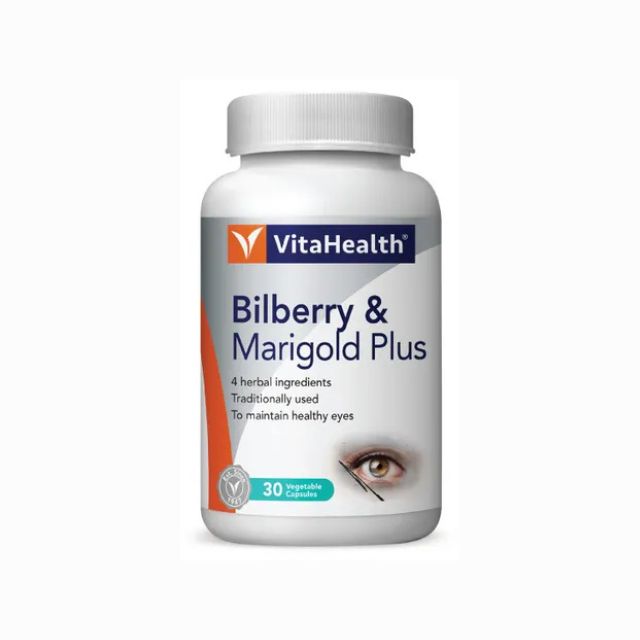 VITA Bilberry Marigold Eye Supplement bottle with 30 vegetable capsules for healthy vision support
