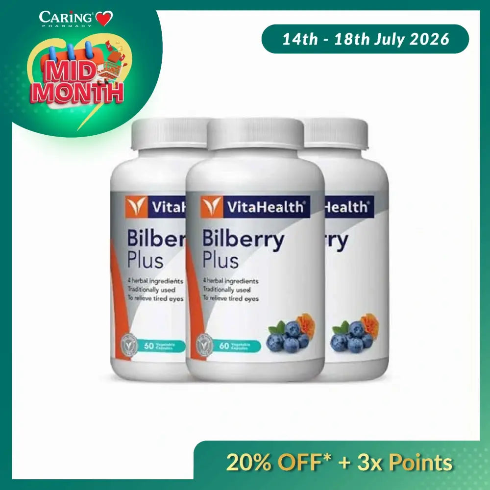 VitaHealth Bilberry Plus Eye Supplement Bottles with Herbal Ingredients for Tired Eyes