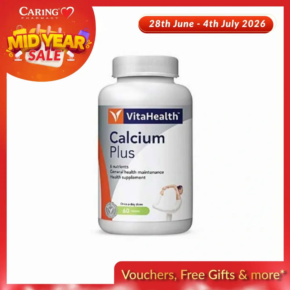 VitaHealth Calcium Plus supplement bottle featuring 60 capsules for general health maintenance