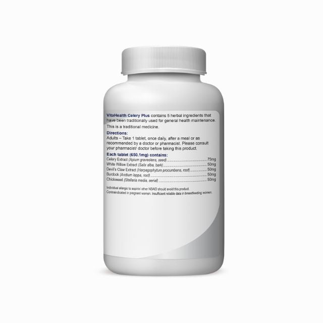 VitaHealth Celery Plus supplement bottle with details on herbal ingredients and dosage instructions