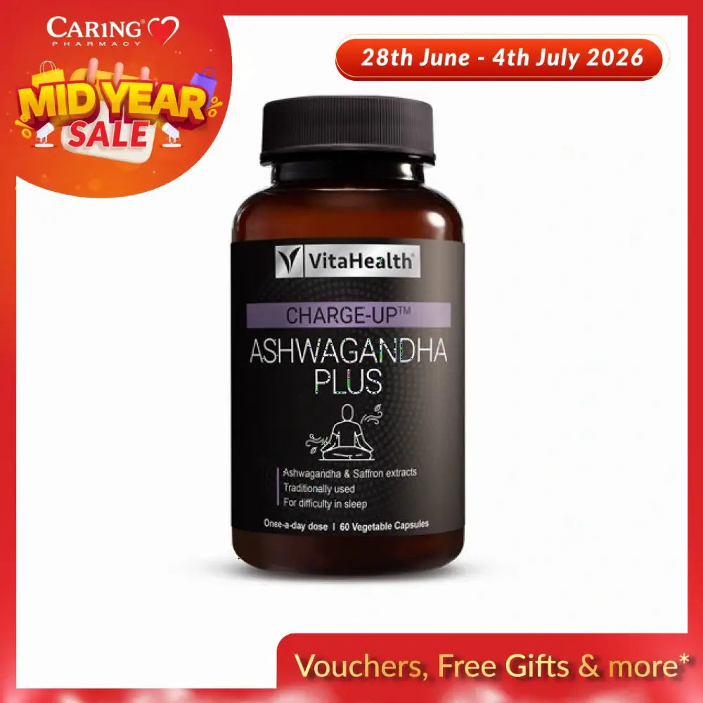 VitaHealth Charge-Up Ashwagandha Plus supplement bottle with 60 vegetable capsules for restful sleep in Malaysia