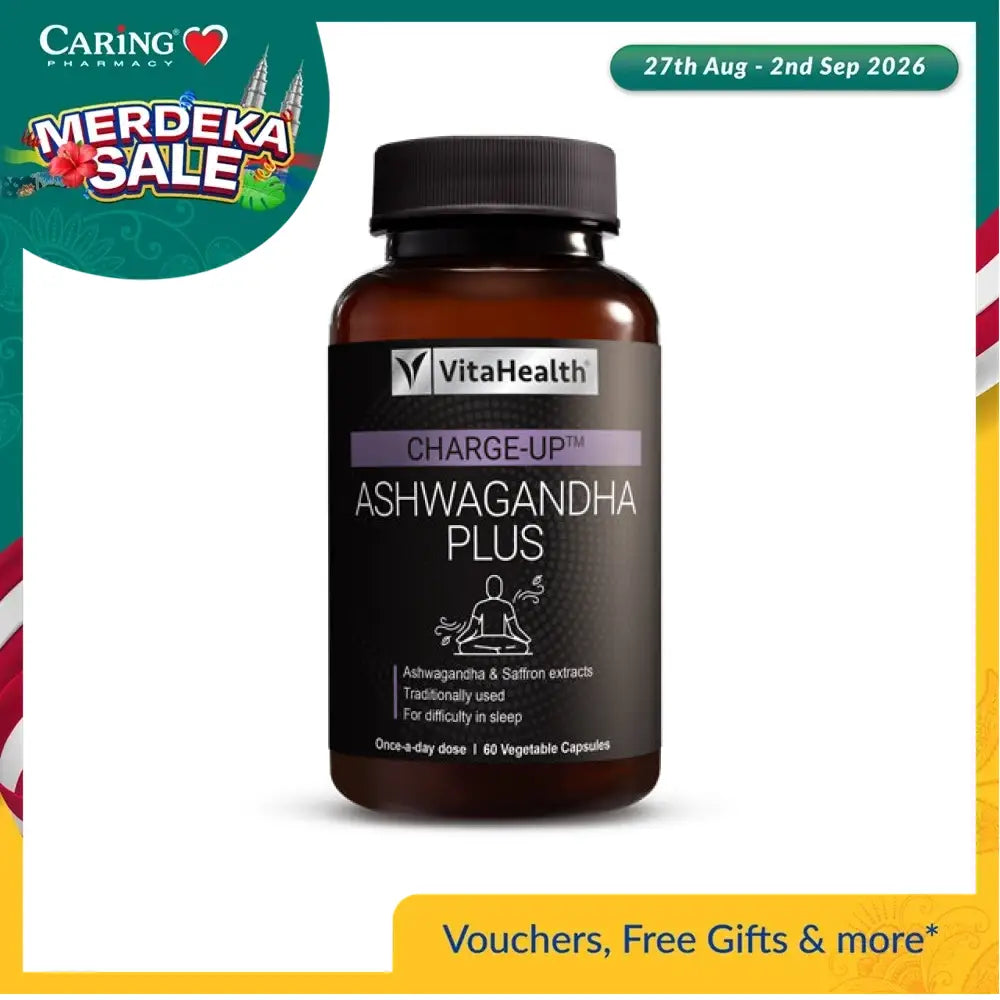 VitaHealth Charge-Up Ashwagandha Plus supplement bottle with 60 vegetable capsules for restful sleep in Malaysia