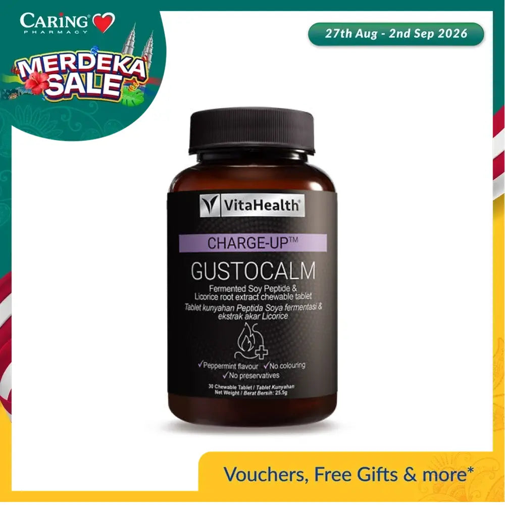 VitaHealth Charge-Up Gustocalm supplement in a bottle for stress relief and digestive support