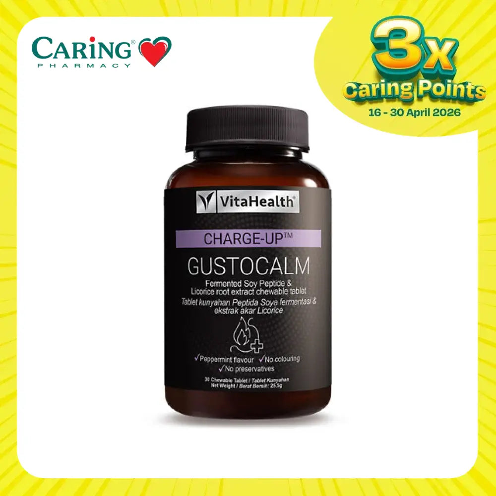 VitaHealth Charge-Up Gustocalm supplement in a bottle for stress relief and digestive support