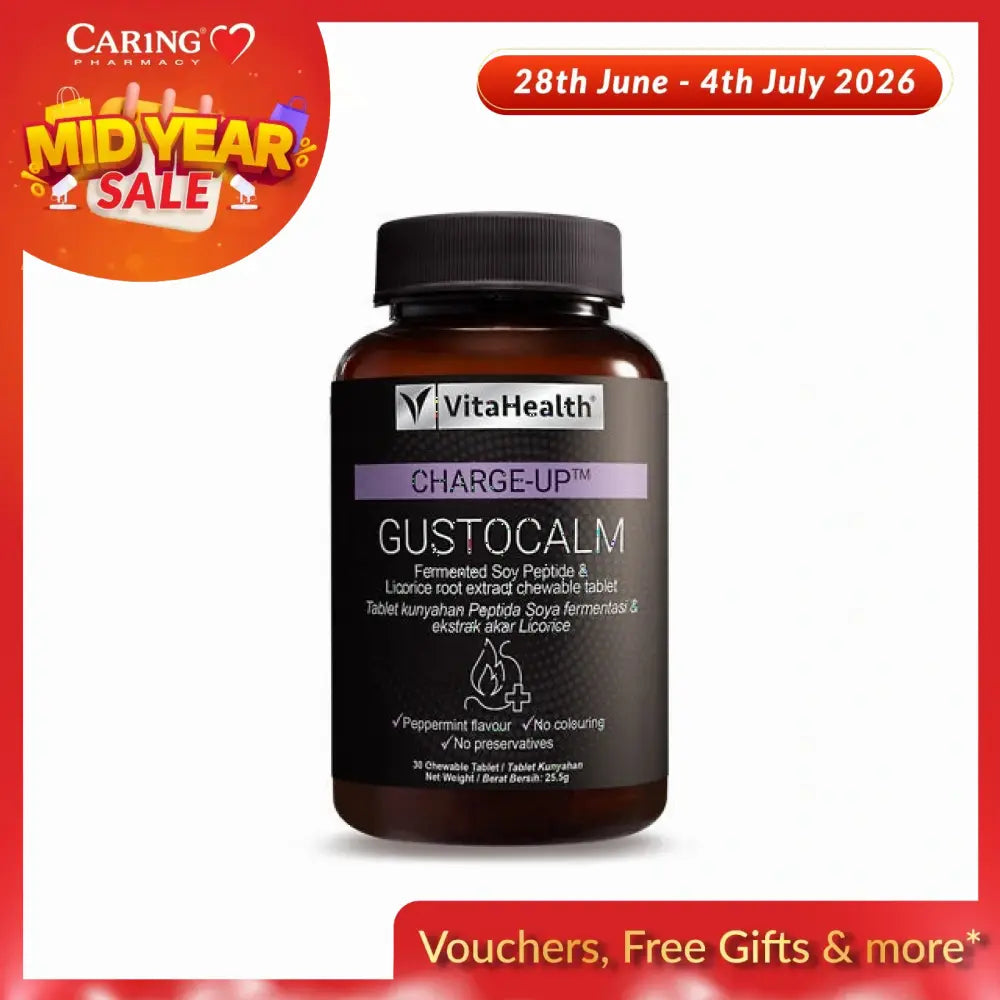 VitaHealth Charge-Up Gustocalm supplement in a bottle for stress relief and digestive support