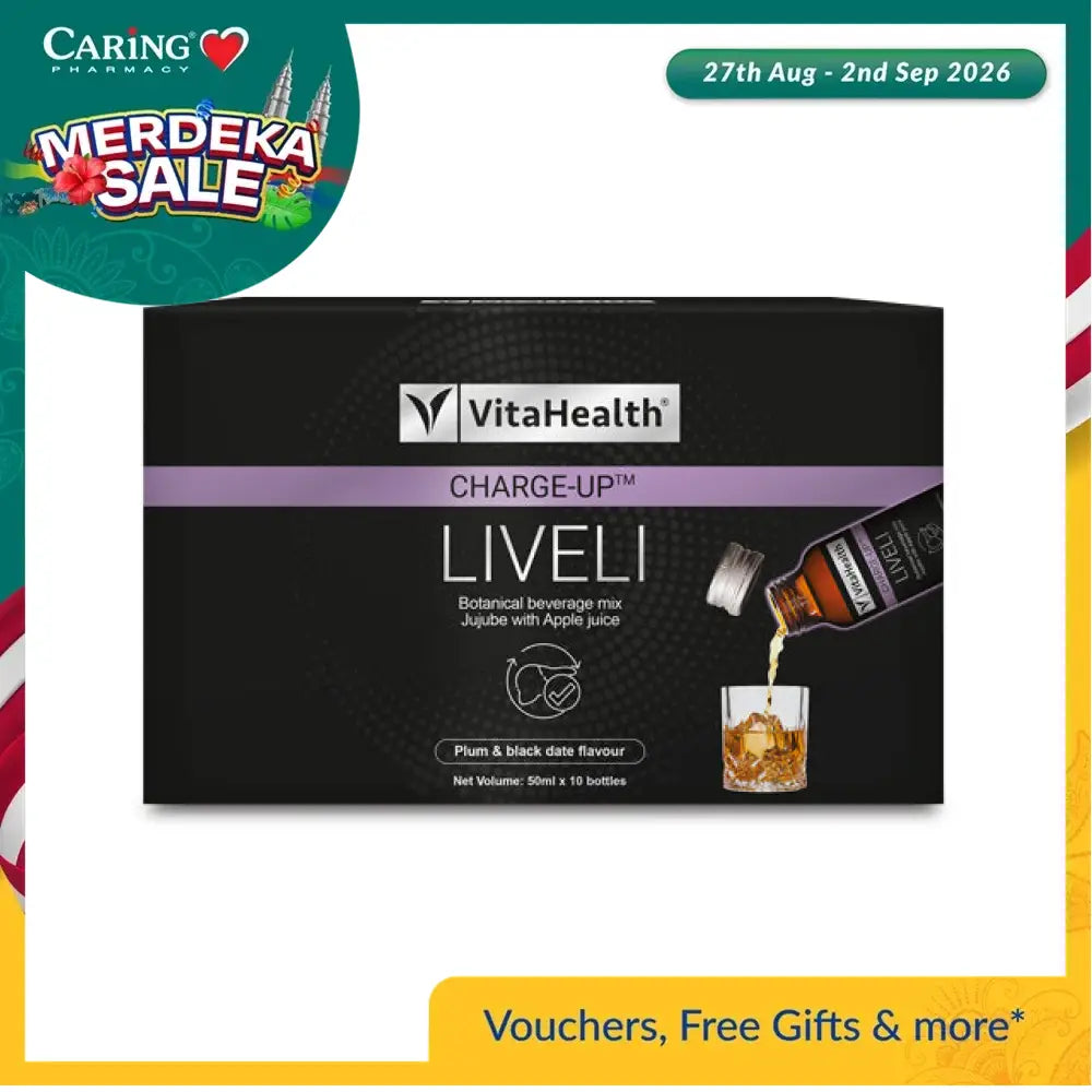VitaHealth Charge-Up LIVELI supplement box with beverage mix featuring plum and black date flavor