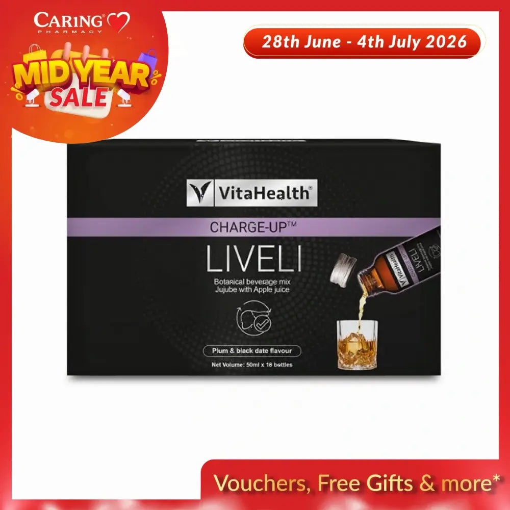 VitaHealth Charge-Up LIVELI supplement box with beverage mix featuring plum and black date flavor