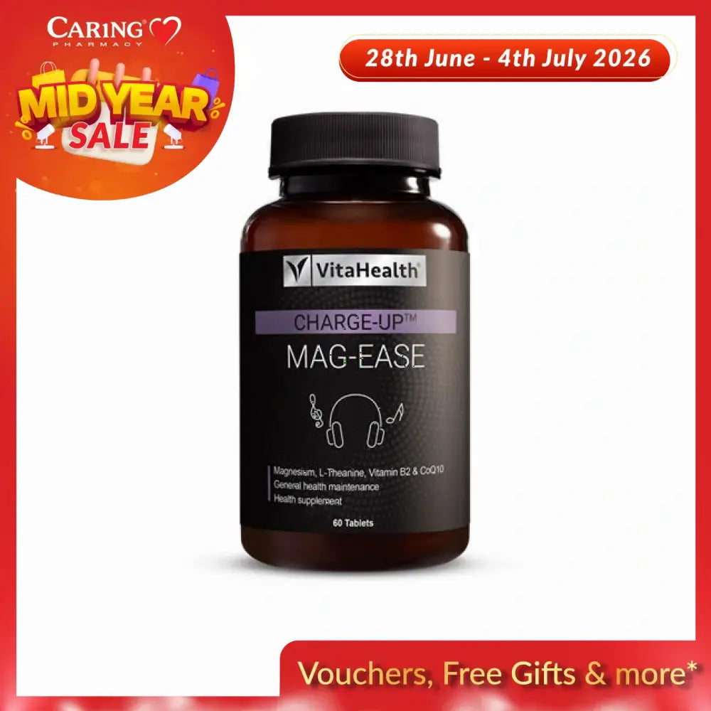 VitaHealth Charge-Up Mag-Ease supplement in a brown bottle, featuring 60 tablets for general health maintenance