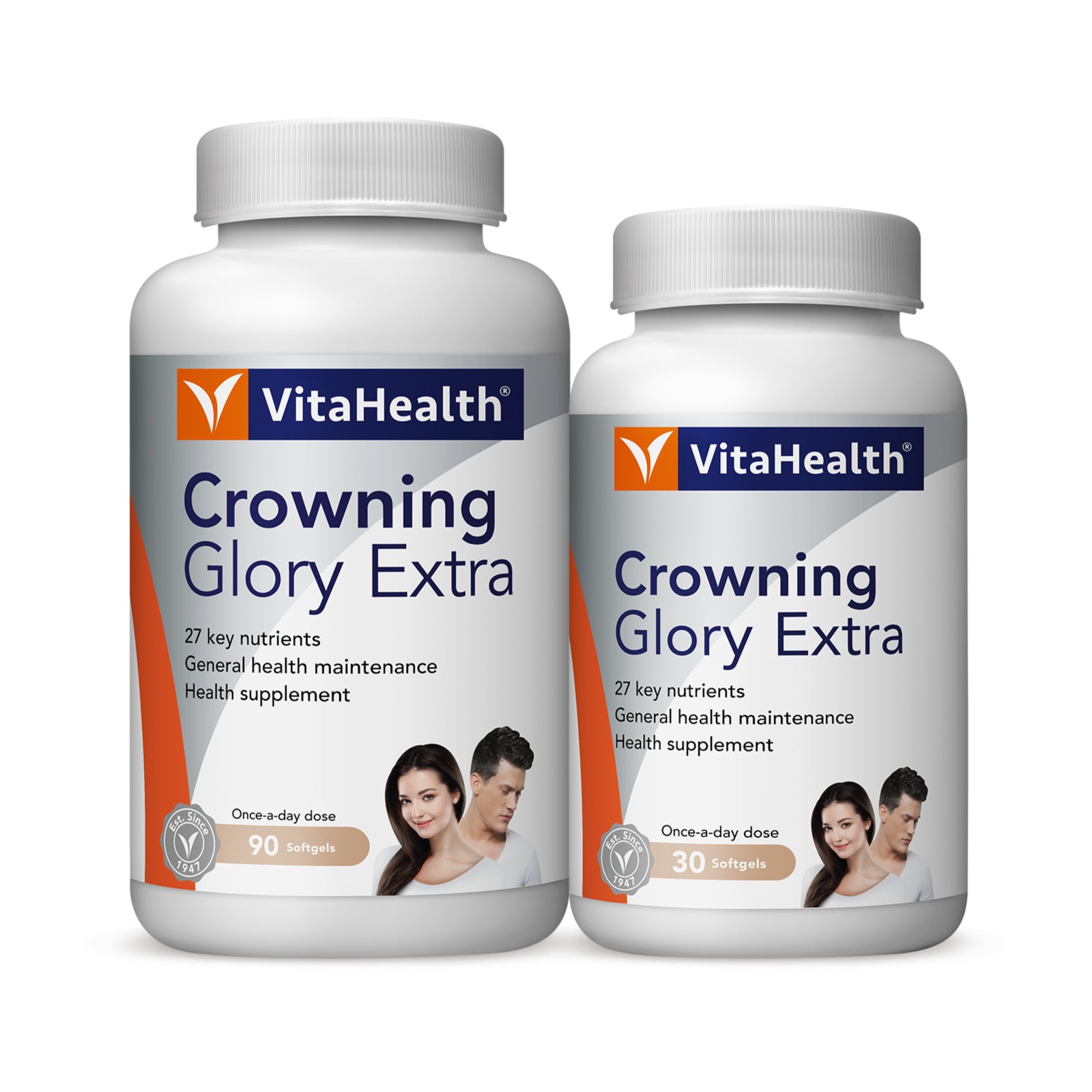 VitaHealth Crowning Glory Extra supplement bottles, featuring 27 key nutrients for health maintenance