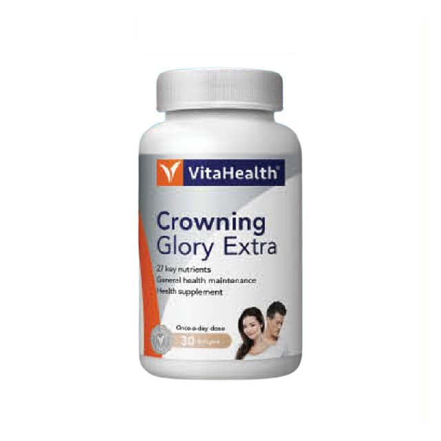 VitaHealth Crowning Glory supplement bottle with 27 essential nutrients for hair and general health maintenance