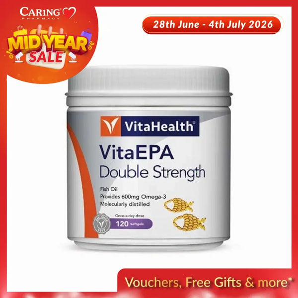 VitaHealth EPA Double Strength fish oil in a 120 softgel container, providing 600mg Omega-3 per serving