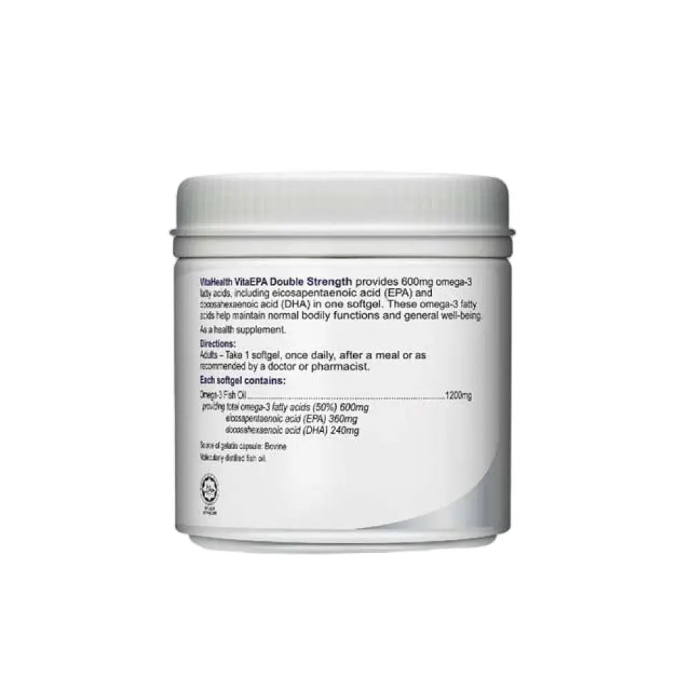 VitaHealth EPA Double Strength fish oil container with dosage details for omega-3 fatty acids
