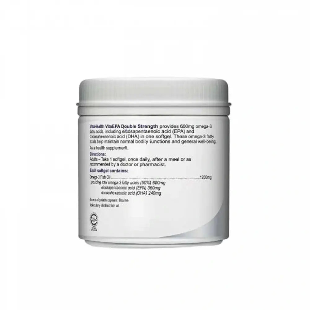 VitaHealth EPA Double Strength fish oil container with dosage details for omega-3 fatty acids