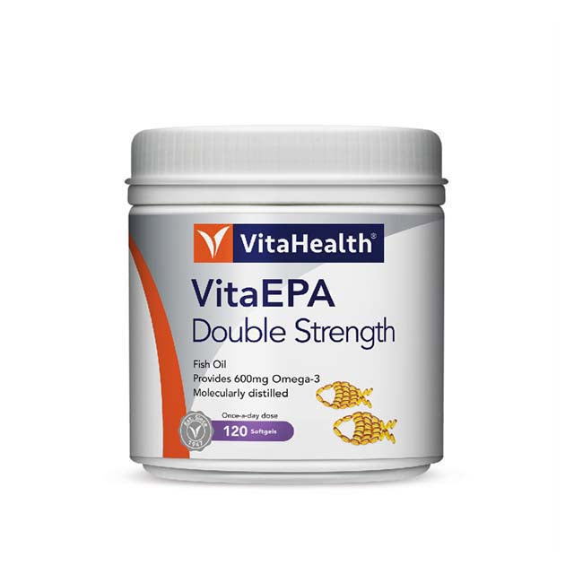VitaHealth EPA Double Strength fish oil in a 120 softgel container, providing 600mg Omega-3 per serving