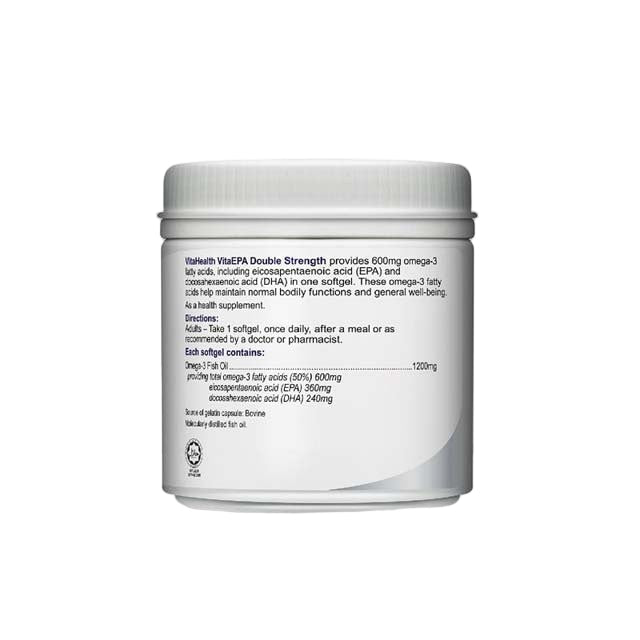 VitaHealth EPA Double Strength fish oil container with dosage details for omega-3 fatty acids