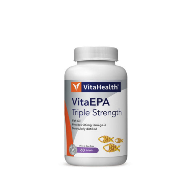 VitaHealth EPA Triple Strength supplement in a bottle with 60 softgels for Omega-3 health benefits