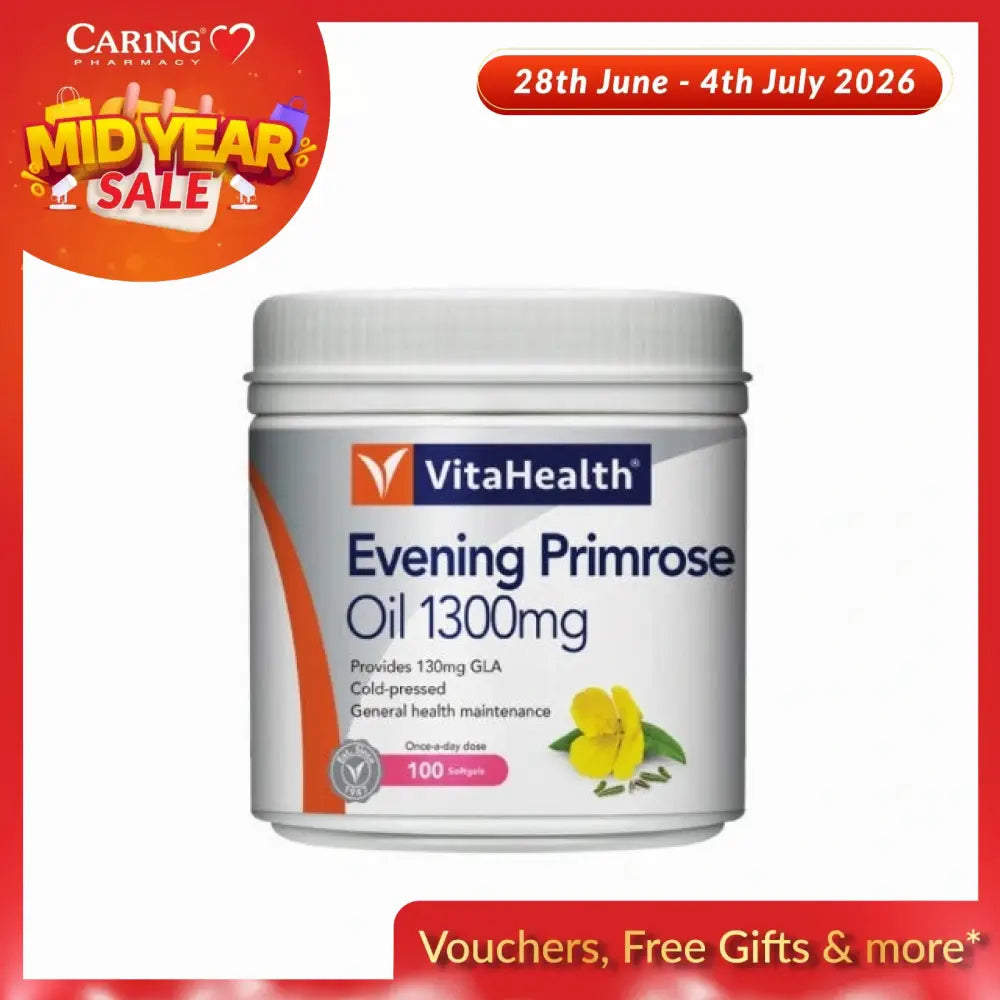 VITA Evening Primrose Oil 1300mg capsules in a white container for general health maintenance