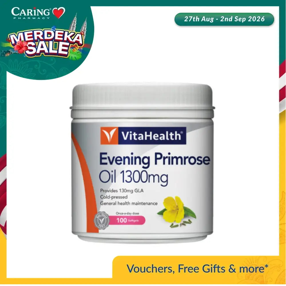 VITA Evening Primrose Oil 1300mg capsules in a white container for general health maintenance