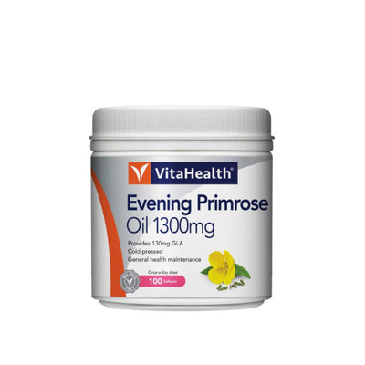 VITA Evening Primrose Oil 1300mg capsules in a white container for general health maintenance