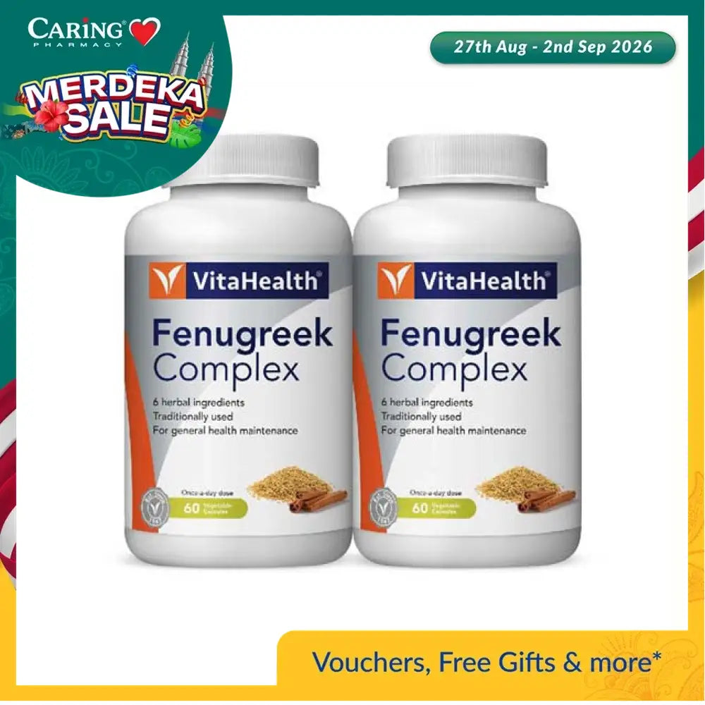 VitaHealth Fenugreek Cinnamon Complex supplement bottles for general health maintenance