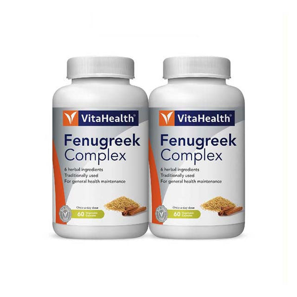 VitaHealth Fenugreek Cinnamon Complex supplement bottles for general health maintenance