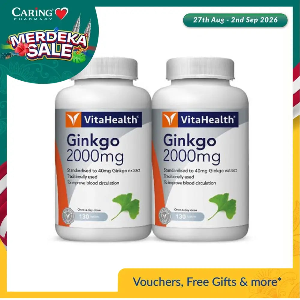 VitaHealth Ginkgo 2000mg supplement bottles for improved blood circulation, Ginkgo biloba supplement Malaysia