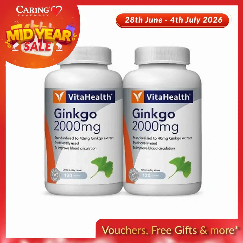 VitaHealth Ginkgo 2000mg supplement bottles for improved blood circulation, Ginkgo biloba supplement Malaysia