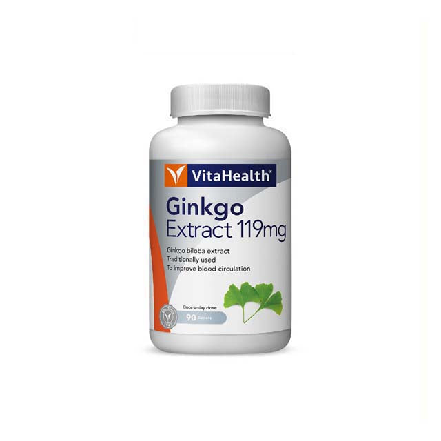 VitaHealth Ginkgo Extract 119mg supplement bottle with 90 capsules to support improved blood circulation