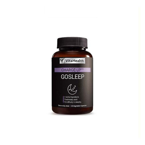 VitaHealth GoSleep sleep supplement in a dark bottle with a label featuring herbal ingredients for better sleep