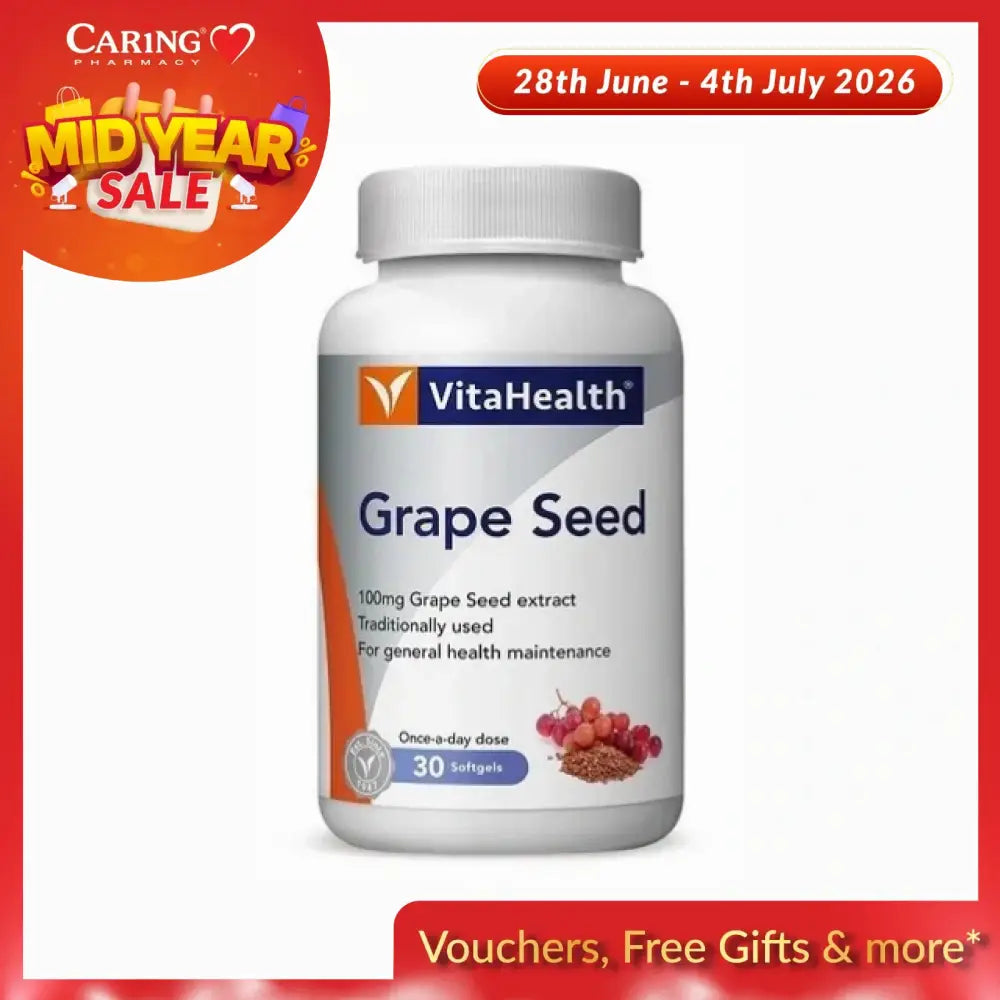 VitaHealth Grape Seed extract supplement in a bottle containing 30 softgels for general health maintenance