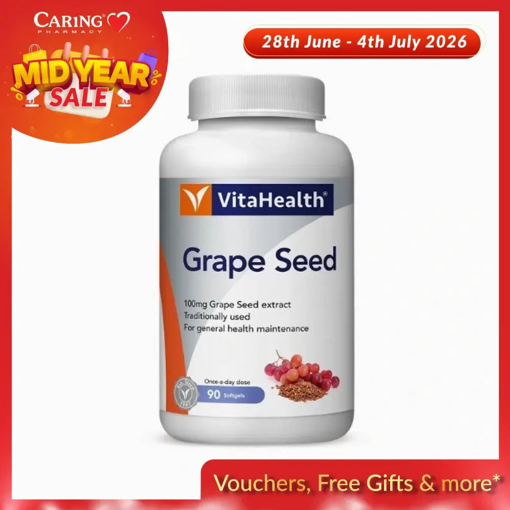 VitaHealth grape seed supplement bottle containing 100mg extract for general health maintenance