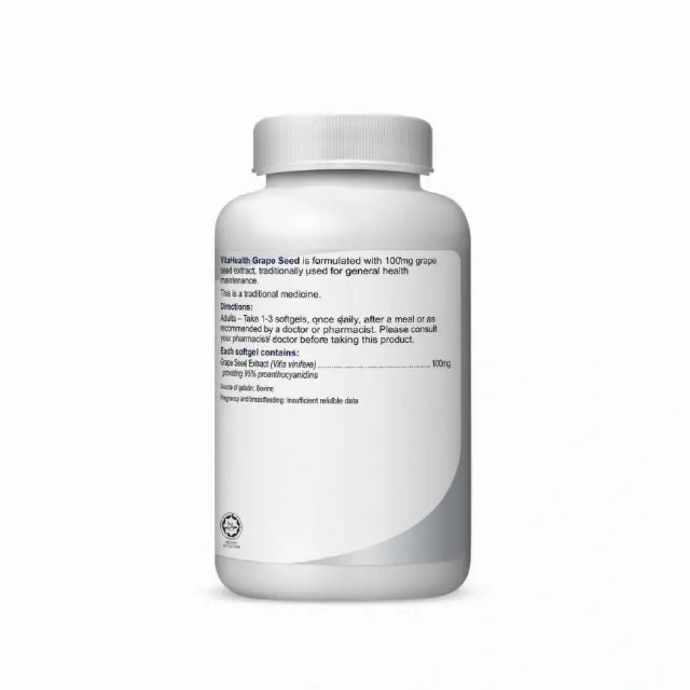 VitaHealth grape seed supplement bottle with dosage instructions for general health support