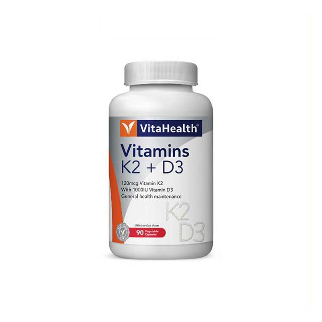 VitaHealth K2 D3 vitamins in a white bottle containing 90 tablets for overall health support