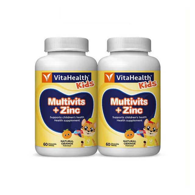VITA Kids Multivitamin with Zinc in two bottles, supports children's health with natural orange flavor