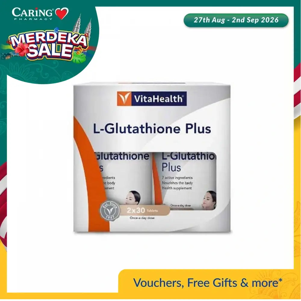 VITA L-Glutathione Plus supplement in Malaysia with two bottles for skin nourishment and health benefits