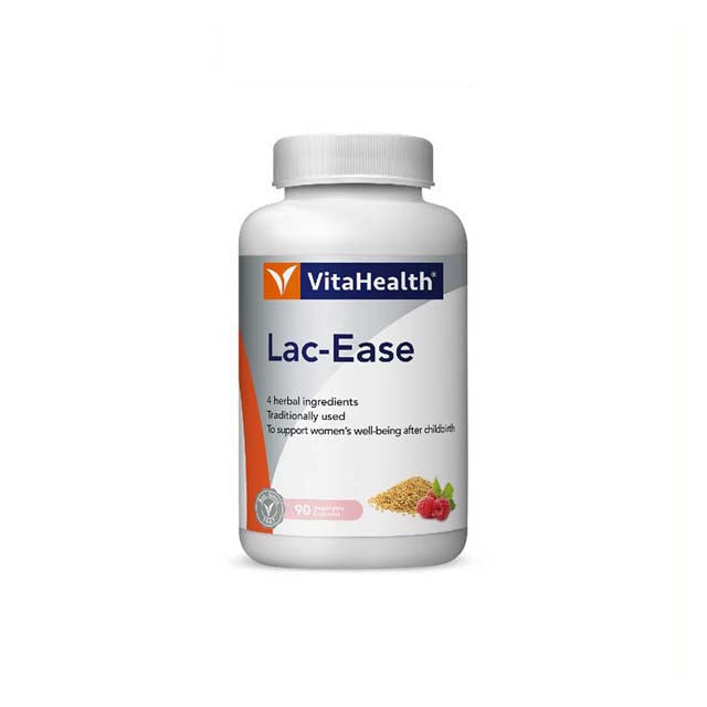 VitaHealth Lac-Ease supplement in a white bottle with 90 capsules for women's well-being after childbirth