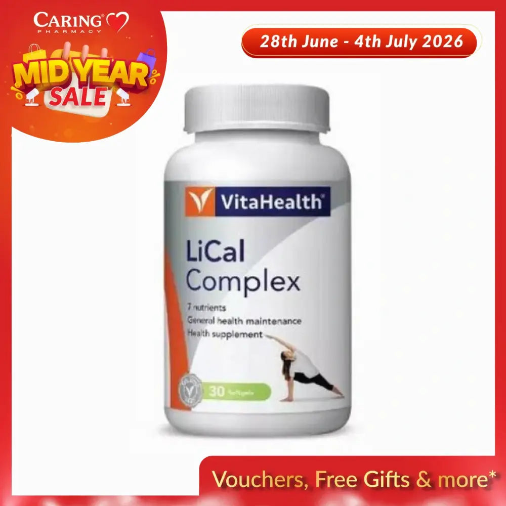 VitaHealth LiCal Complex supplement bottle with 30 softgels for general health maintenance