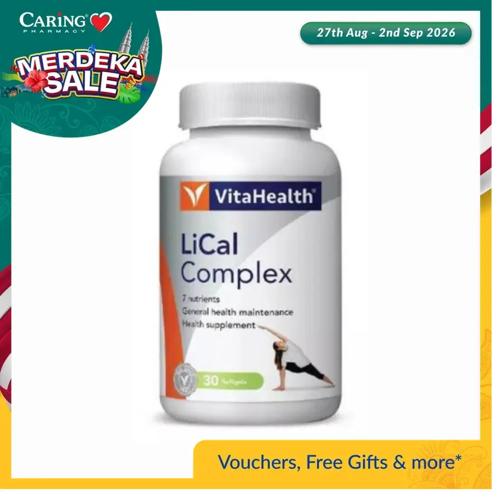 VitaHealth LiCal Complex supplement bottle with 30 softgels for general health maintenance