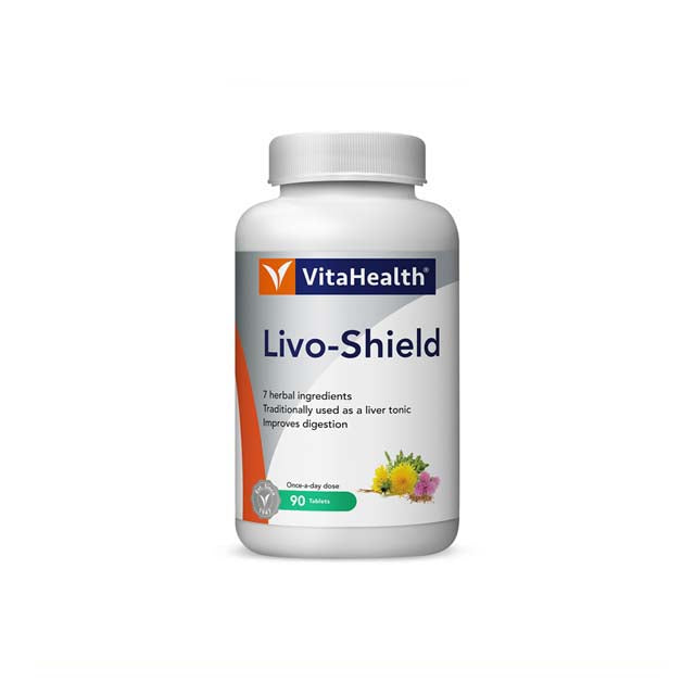 VitaHealth Livo-Shield liver supplement bottle with 90 tablets, supports liver health and digestion
