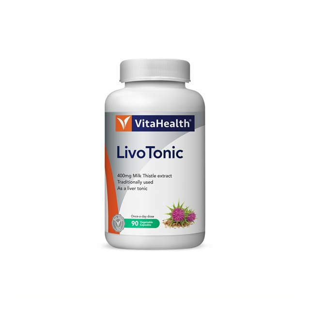 VitaHealth Livotonic liver supplement with 400mg Milk Thistle extract in a white bottle