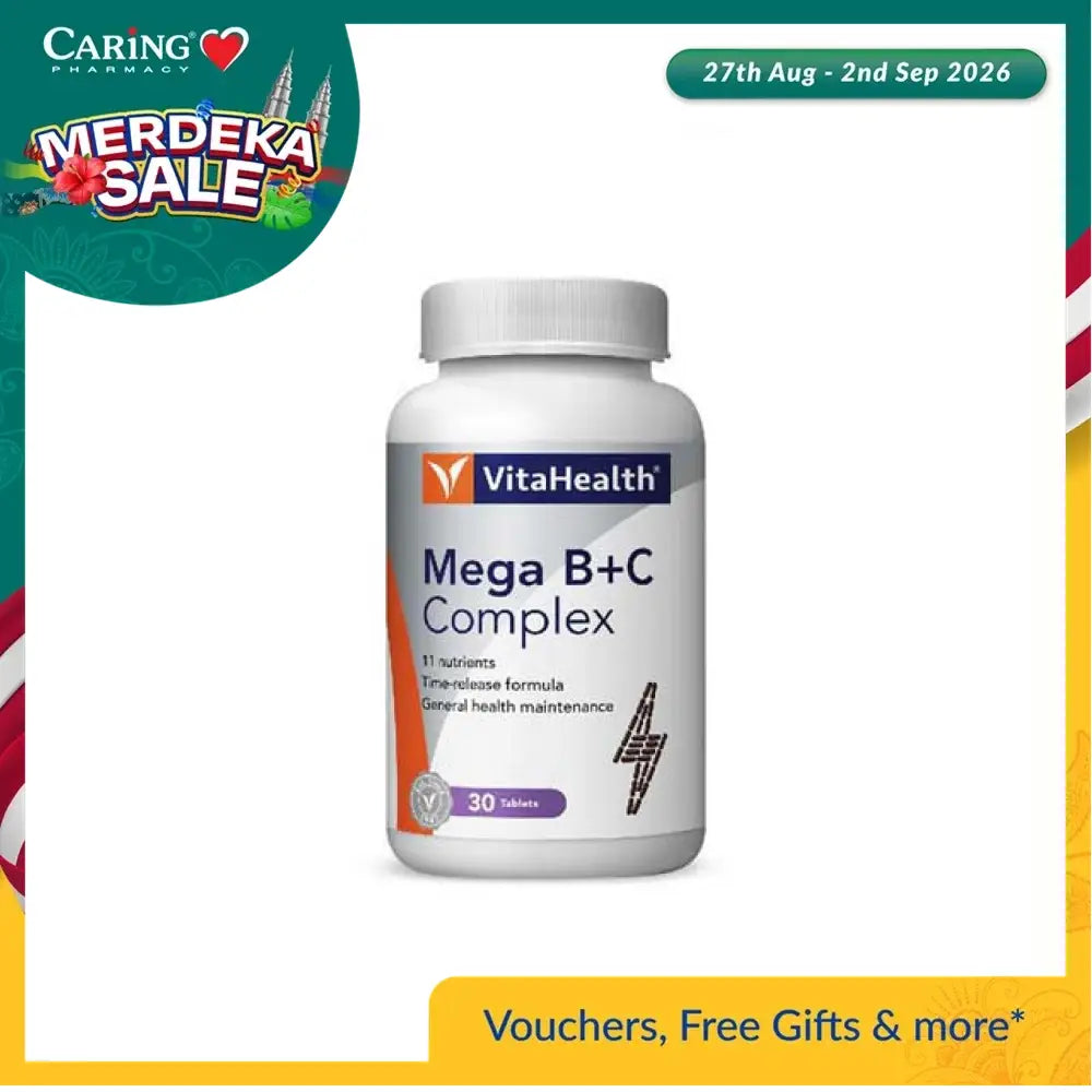VitaHealth Mega B+C Complex supplement bottle with 30 tablets for general health maintenance